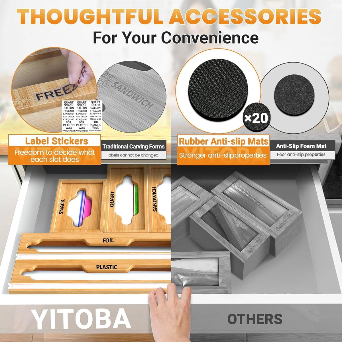 6 In 1 Bag Storage Organizer with Foil and Plastic Wrap Organizer, Extended Aluminum Foil Dispenser, Bamboo Baggie Organizer for Drawer, Sandwich Bag Organizer for Gallon, Quart, Snack
