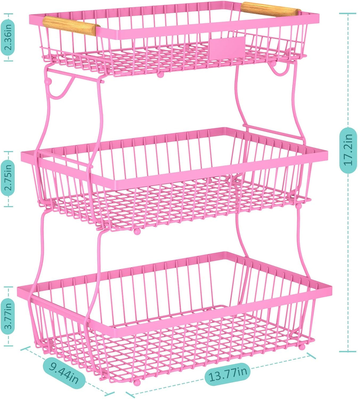 2 Tier Fruit Basket for Kitchen Counter with 2 Banana Hangers, Countertop Metal Bread Basket with Wooden Handle, Large Storage Stand for Vegetables, Snacks, Eggs, Produce Storage – Black