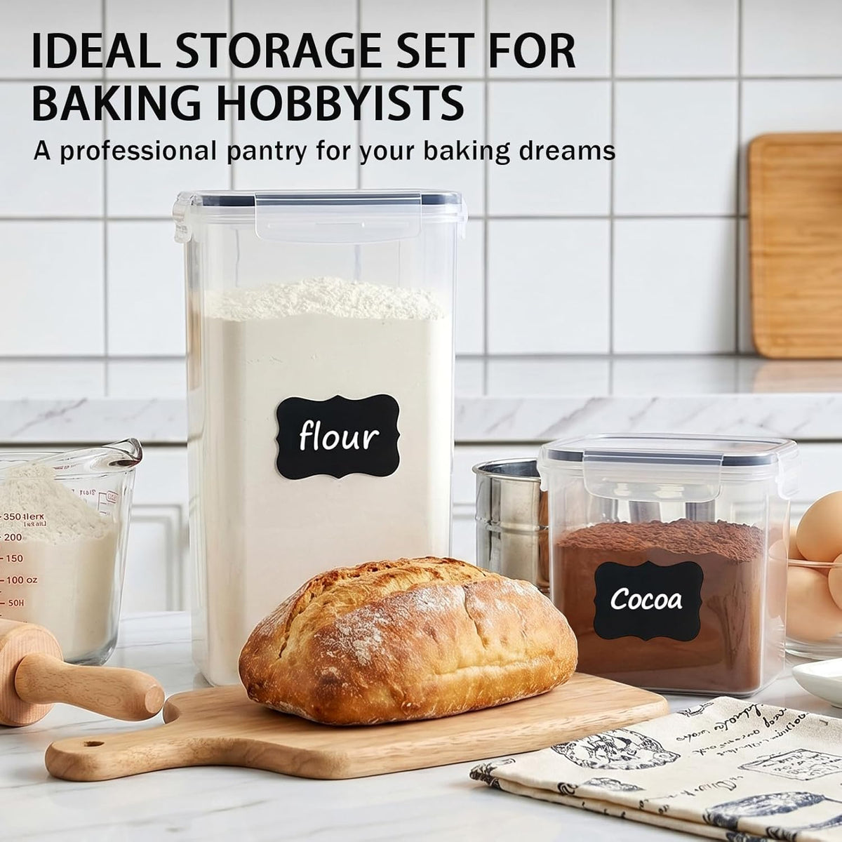 Airtight Food Storage Containers with Lids, BPA Free Clear Plastic Kitchen and Pantry Organization and Storage Set for Flour, Sugar, Cereal, Pasta, Includes 7 Labels and Marker