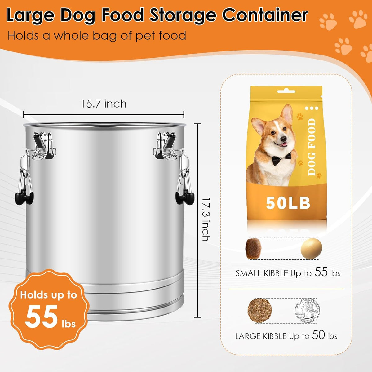 Stainless Steel Dog Food Storage Container,20LB/25LB Airtight Dog Food Storage Container with Lid to Keep Fresh,Easy Clean Large Pet Food Storage Container with Scoop for Cat Food,Chicken Feed,Rice