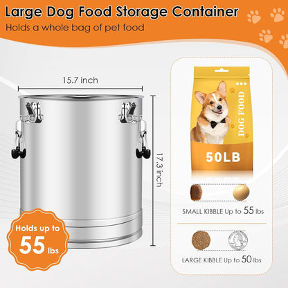 Stainless Steel Dog Food Storage Container,20LB/25LB Airtight Dog Food Storage Container with Lid to Keep Fresh,Easy Clean Large Pet Food Storage Container with Scoop for Cat Food,Chicken Feed,Rice