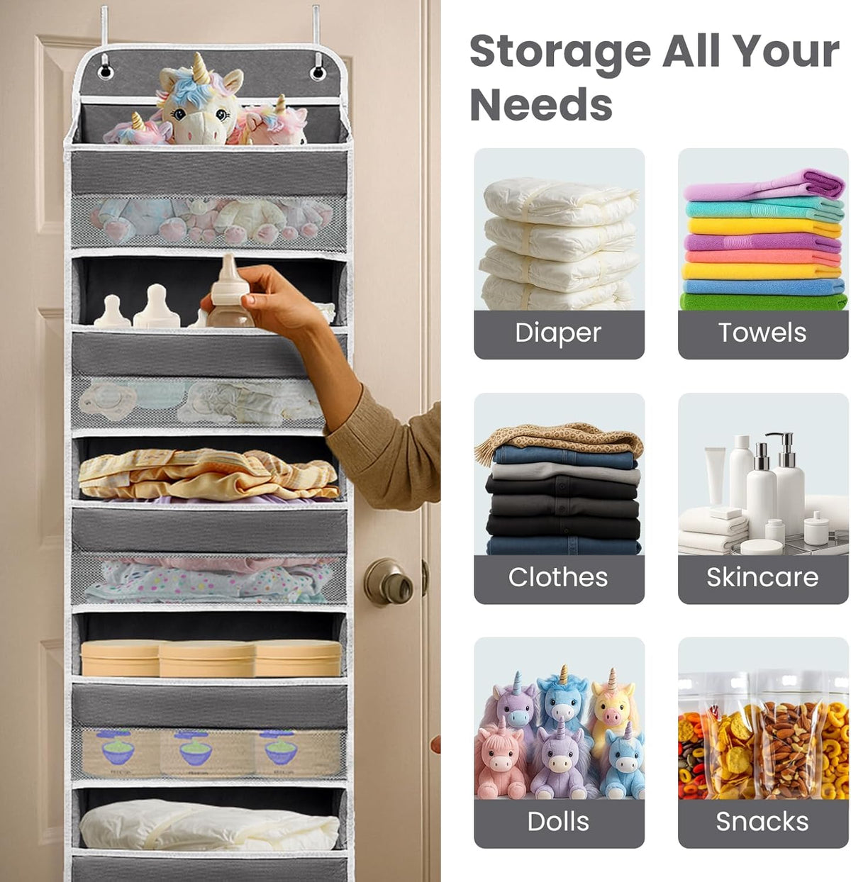 Over The Door Organizer with LifetimeWarranty, 4 Shelves & 4 Side Pockets, Large Storage Rack Holds 44lb, Heavy-Duty Reinforced Mesh Shelf for Bathroom, Closet, Toy Organization, Shoes, Towels, Grey