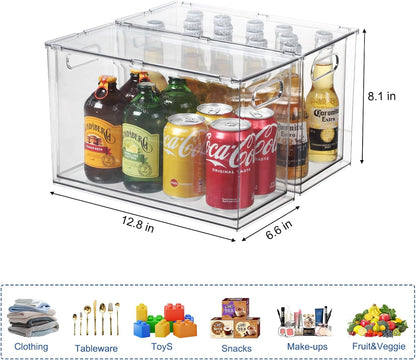 Fridge Drawer Pull Out Stackable Bins, Clear Refrigerator Stackable Organizers, Fridge Organizer Storage for Kitchen, Pantry, Vegetables, Fruits (2 Small + 1 Large)