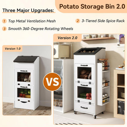 Verano Garden Potato and Onion Storage Bin on Wheels, Wood Bread Box with Lid & Mesh Doors, 4-Tier Rolling Fruit and Vegetable Storage Organizer w/Drawer & Side Rack for Kitchen (Rustic Brown, 16.0")