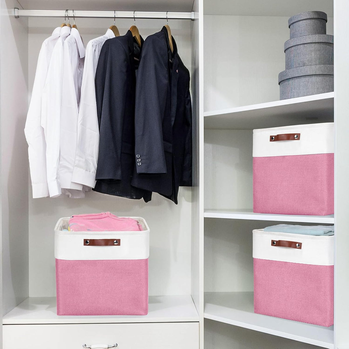 Bagnizer Large Fabric Storage Baskets | 50L Storage Bins, Decorative Linen Closet Baskets with Handles for Organizing, Shelf, Toys, Clothes, Home, Office, Nursery, 17x12x15Inches (Grey&White)