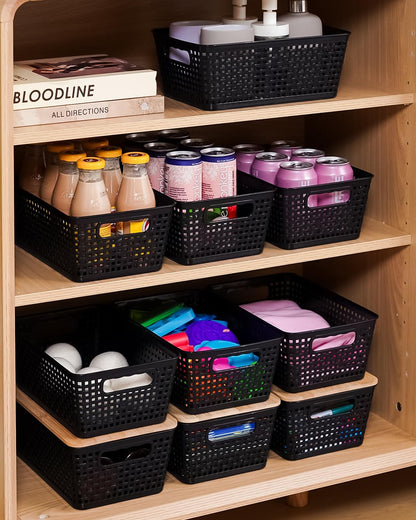 Small Storage Bins with Lids 6 Packs, Plastic Storage Basket with Bamboo Lid for Pantry Organization and Storage Containers for Shelves Drawers Desktop Closet Playroom Office Home, White