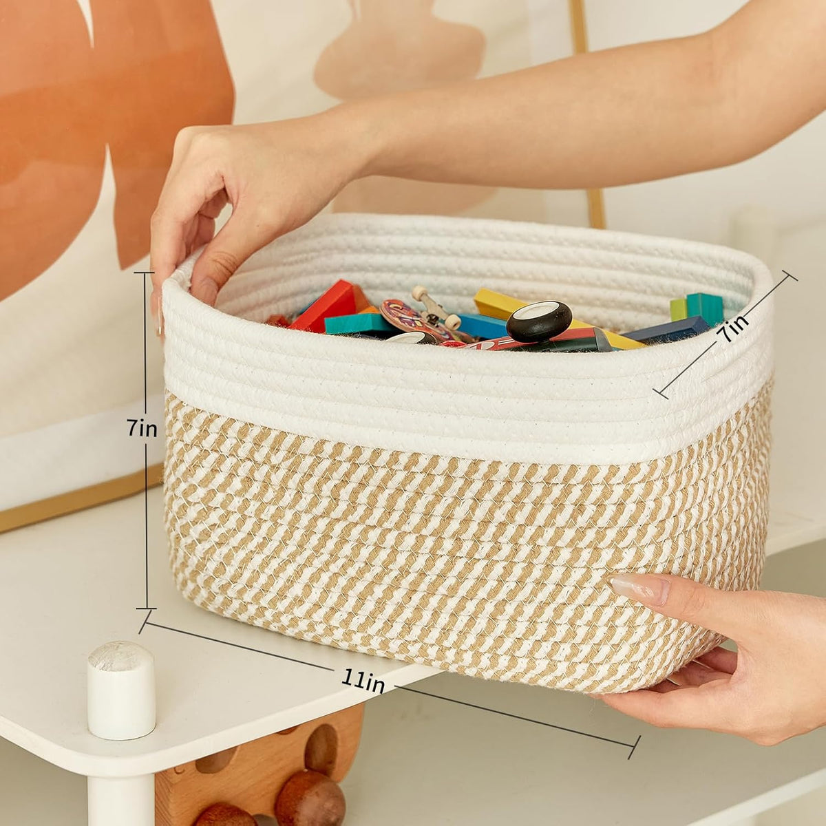 R RUNKA Small Cotton Rope Basket – Storage Bin for Organizing (10.6" x 6.7" x 6.7"), Bathroom Storage Basket for Shelf, Counter & Closet（Beige）