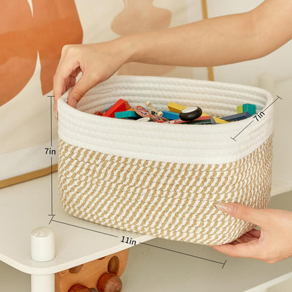 R RUNKA Small Cotton Rope Basket – Storage Bin for Organizing (10.6" x 6.7" x 6.7"), Bathroom Storage Basket for Shelf, Counter & Closet（Beige）