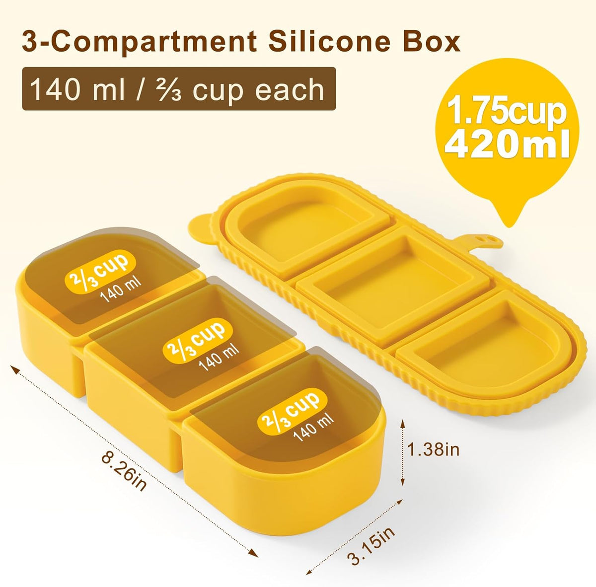 Silicone Reusable Snack Containers with Lids - 8 oz Double Compartment Snackle Box for Kids & Adults, BPA-Free & Leakproof, Small for Dressing, Snacks, School, Office, Picnic