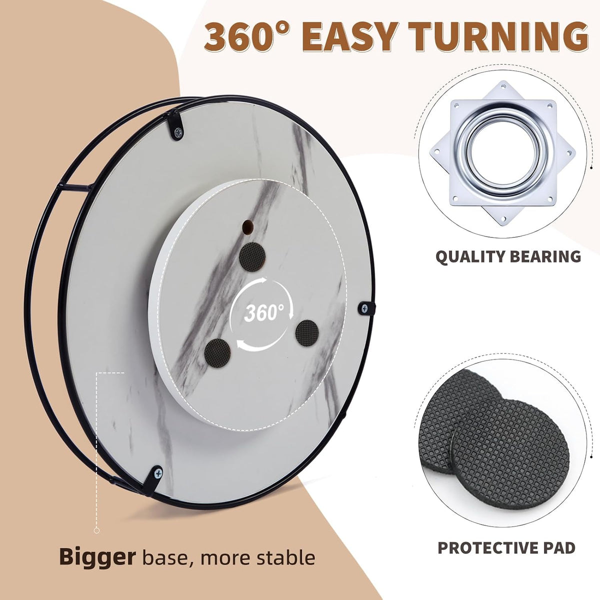 9" Acacia Wood Lazy Susan Turntable, Tomoaza Kitchen Organizer Turntable with Steel Sides, 360 Degree Lazy Susan for Countertop Cabinet or Dining Table