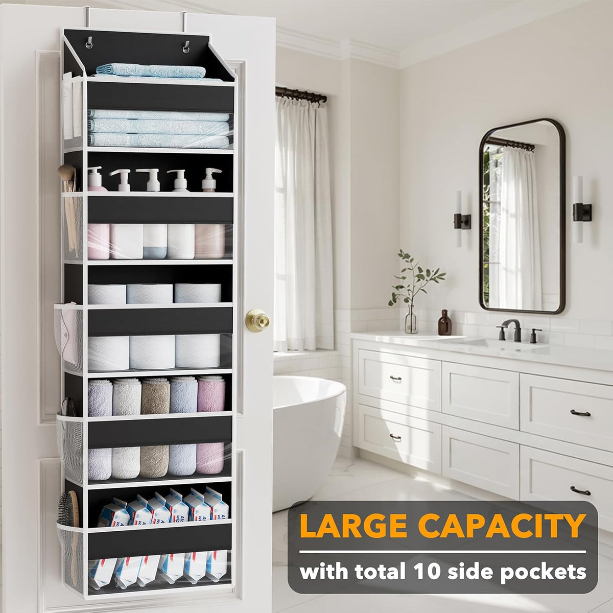 SpaceAid Over The Door Organizer with 5 Large Pockets and 10 Mesh Side Pockets, 5 Layers Door Organizer Hanging with Clear Window for Bedroom, Bathroom, Pantry and Nursery, Gray