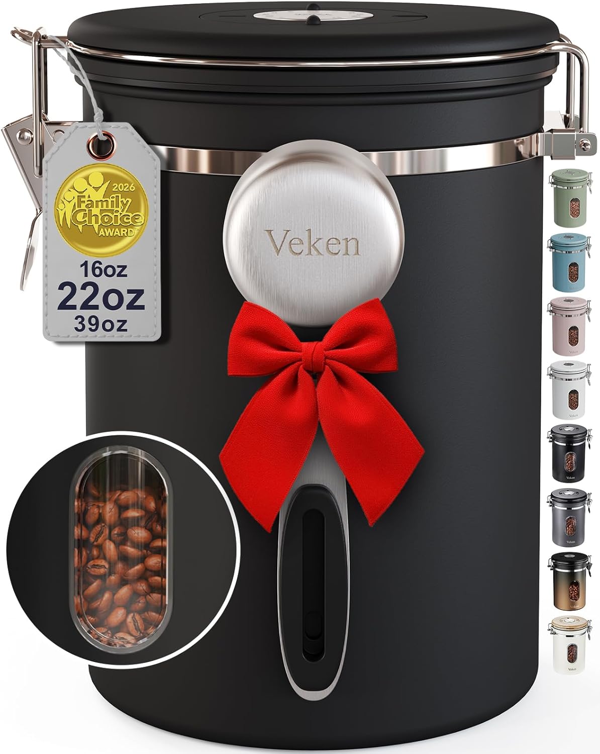 Veken Coffee Canister with Window, Family Choice Awards Winner, Airtight Stainless Steel Home Kitchen Food Storage Container with Lids for Grounds, Beans, Tea, Flour,Cereal,Sugar Jars,Scoop,16OZ,Black