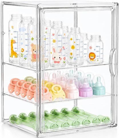 Baby Bottle Storage Organizer, Large 3 Tier Acrylic Bottle Storage Organizer Container for Countertop, Clear Plastic Bottle Station Organizers for Kitchen Cabinet Vanity Bathroom, Gifts for New Mom