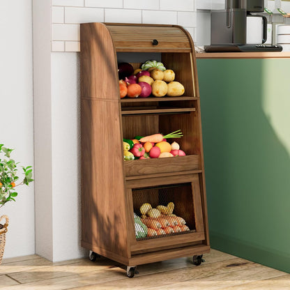4 Tier Narrow Potato Storage Bin, Tall Wood Potato and Onion Storage Bin with Wheel, Movable Fruit and Vegetable Basket, Food Small Kitchen Pantry Cabinet, Wooden Bread Box, Walnut, Sliding Door