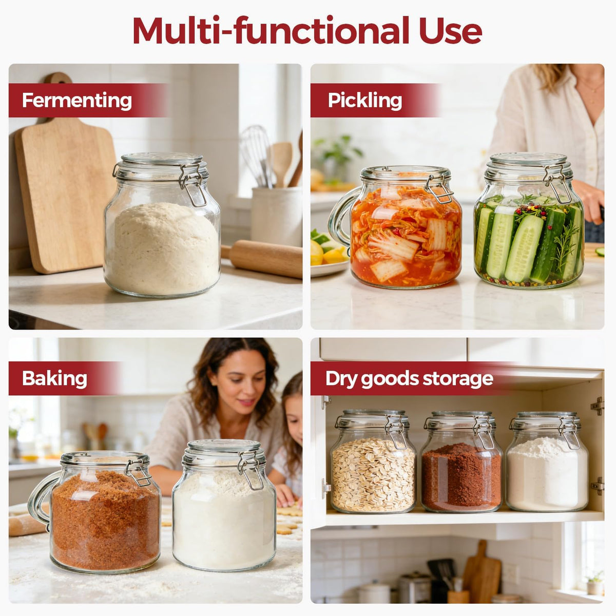 34oz 6 Pack Glass Jars with Airtight Lids - Round Food Storage Canisters for Pantry Organization, Ideal for Sugar, Cookies, Candy, Coffee, Nuts & Dry Goods | Thick Glass,BPA-Free