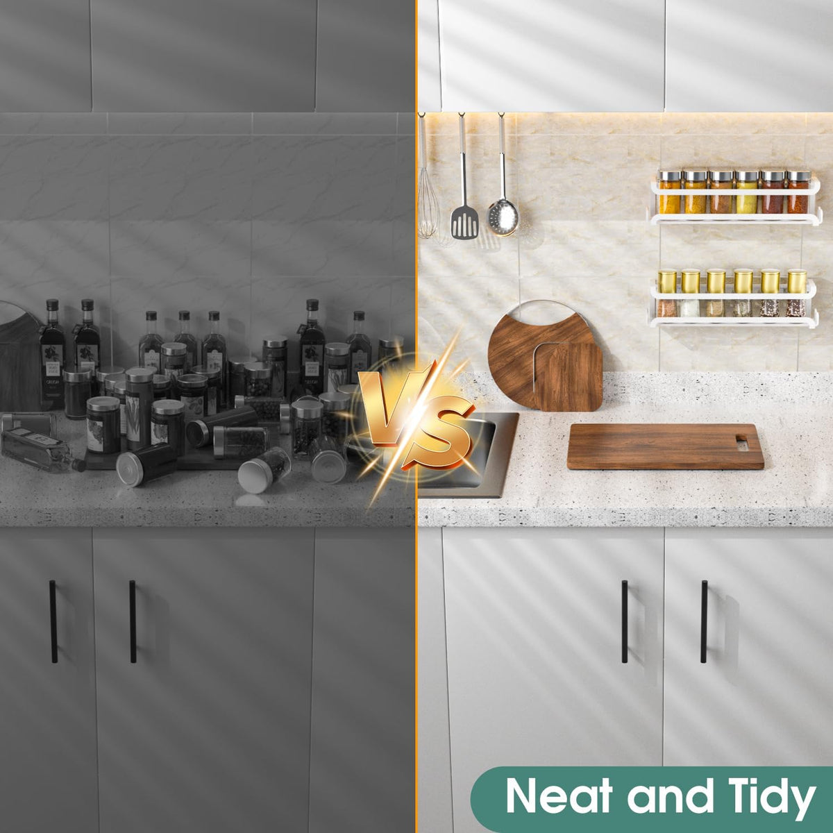 LUCYCAZ Wall Mounted Spice Rack with 8 Hooks, Spice Organizer Shelf for Stove Cabinet Pantry Door,Screw or Adhesive Spice Shelf Hanging Wall Spice Rack in Kitchen and RV (Black)