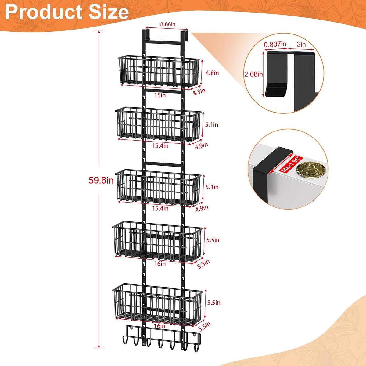 Adjustable Over the Door Organizer, Metal Hanging Door Organizer with 5 Wire Basket 7 Hooks, Wall Mounted Shelf for Pantry Laundry Organization and Storage, Black