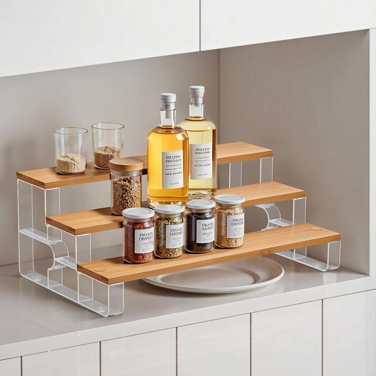 junyuan Spice Rack Organizer for Cabinet,3 Tier Spice Organization for Kitchen,Bathroom Organizers and Storage,Seasoning Countertop Shelf,Bamboo Display Shelves Racks,Clear 11.2"