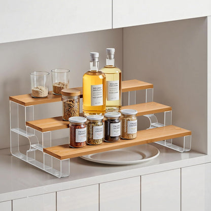 junyuan Spice Rack Organizer for Cabinet,3 Tier Spice Organization for Kitchen,Bathroom Organizers and Storage,Seasoning Countertop Shelf,Bamboo Display Shelves Racks,Clear 11.2"