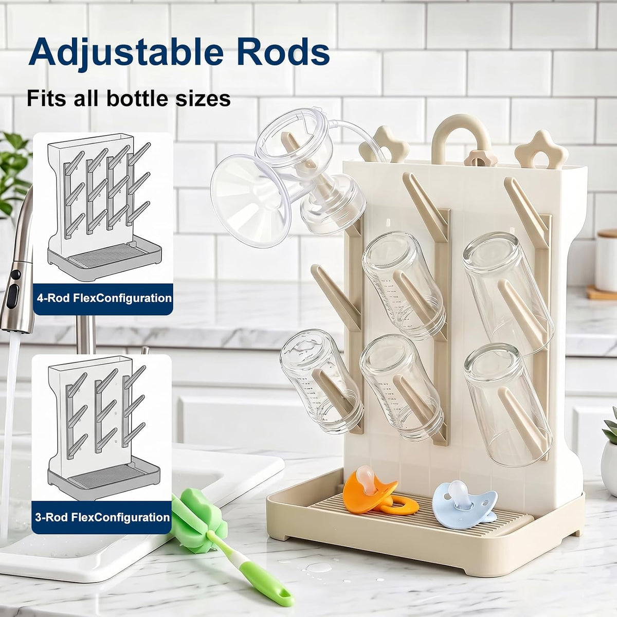 GoMaihe Baby Bottle Drying Rack: Space Saving Vertical Bottle Dryer Holder - Newborn Accessories Storage Stand Organize Brushes Pacifiers on Countertop - BPA-Free - Gray