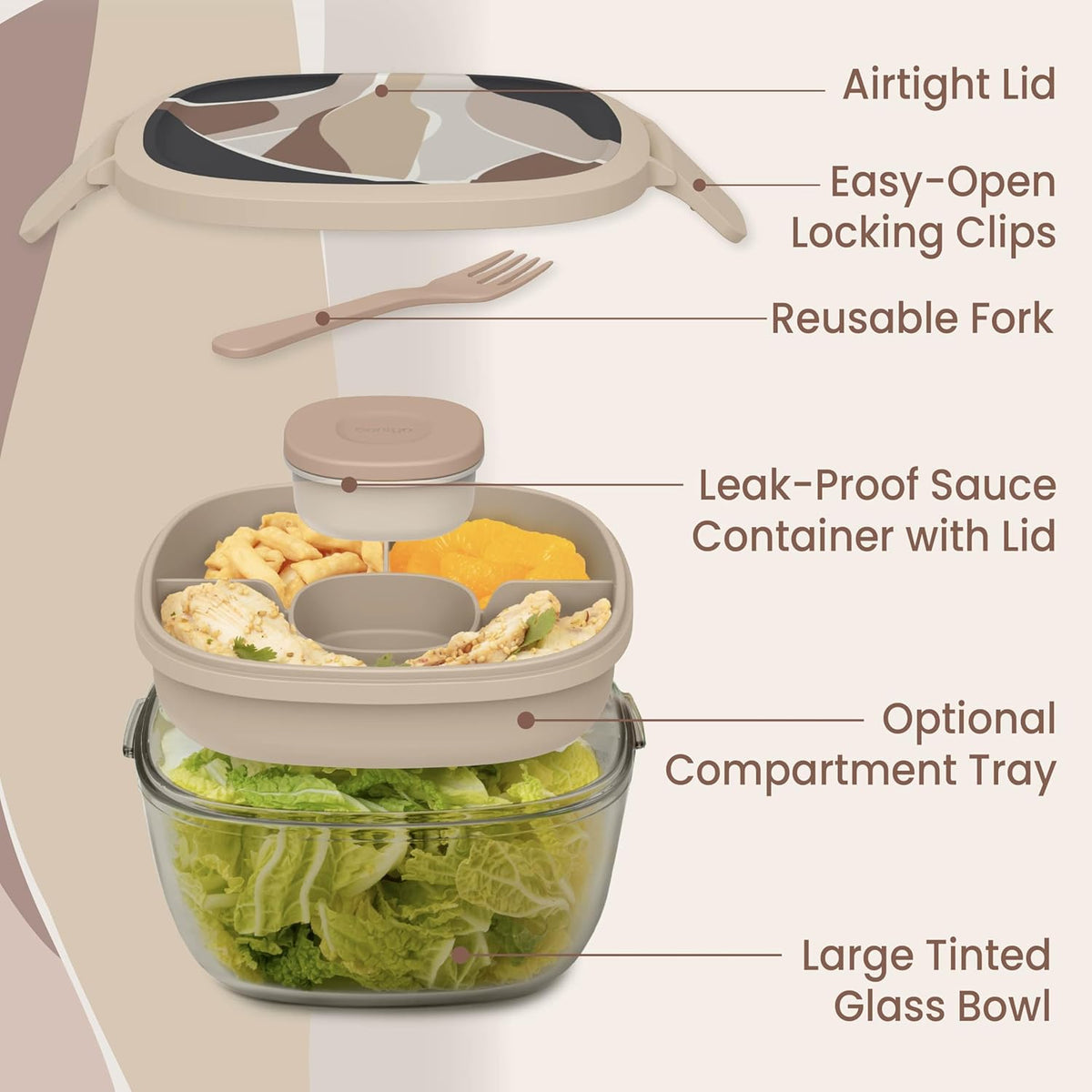 Bentgo Glass Prints Salad Container - 7.6-Cup Tinted Glass Salad Bowl with Airtight Lid, Leak-Proof Sauce Container, 4-Compartment Bento Meal Prep Tray & Reusable Fork (Floral Maximalist - Sea)