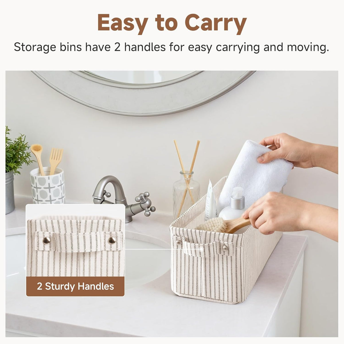 StorageWorks Narrow Storage Bins, Small Basket for Closet and Shelves, Fabric Organizer with Handles, Toilet Paper Storage, Black, 2-Pack