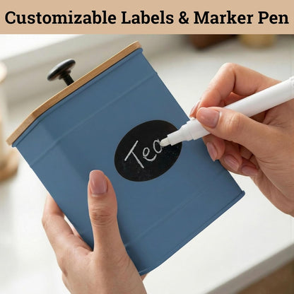 Kitchen Canisters for Countertop Set of 4 with Customizable Chalkboard Labels & Marker Pen - Big Iron Kitchen Canisters with Airtight Lids - Black Canister Set - Flour and Sugar Containers Farmhouse