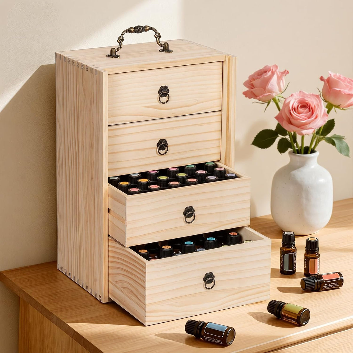 TORIBIO Essential Oil Storage Box for 60 Bottles, Wooden Essential Oils Holder Organizer Holds 5-30ml for Young Living & Doterra Bottles