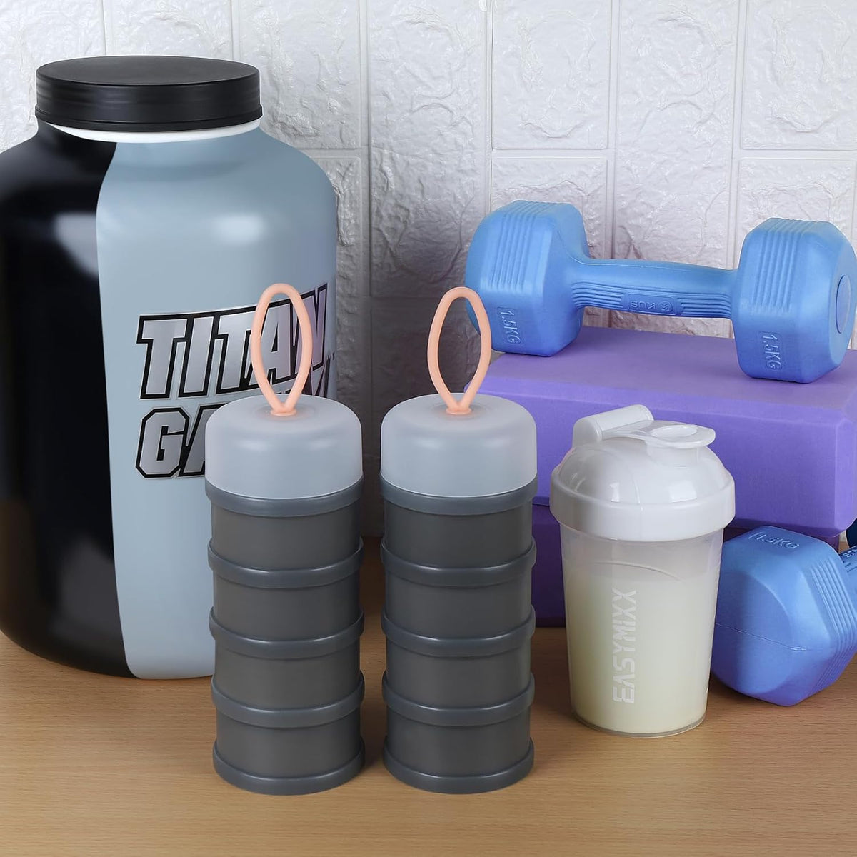 Accmor Protein Powder Container to Go with Funnels Stand, 4 Compartments Stackable Protein Powder Dispenser for Workout, Fitness, Travel