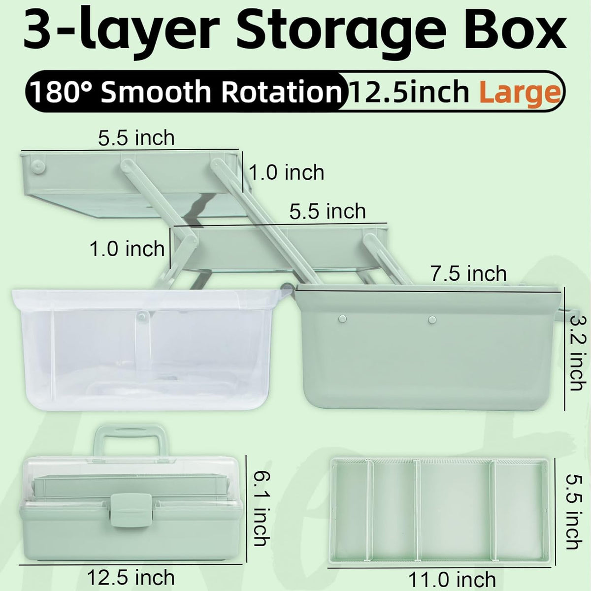 TERGOO 12.5in 3-Layer Multipurpose Craft Organizers and Storage with Adjustable Dividers, Portable Tackle Box, Folding Art & Craft Case for Medicine, Tool, Sewing Organizer (Haze Green)