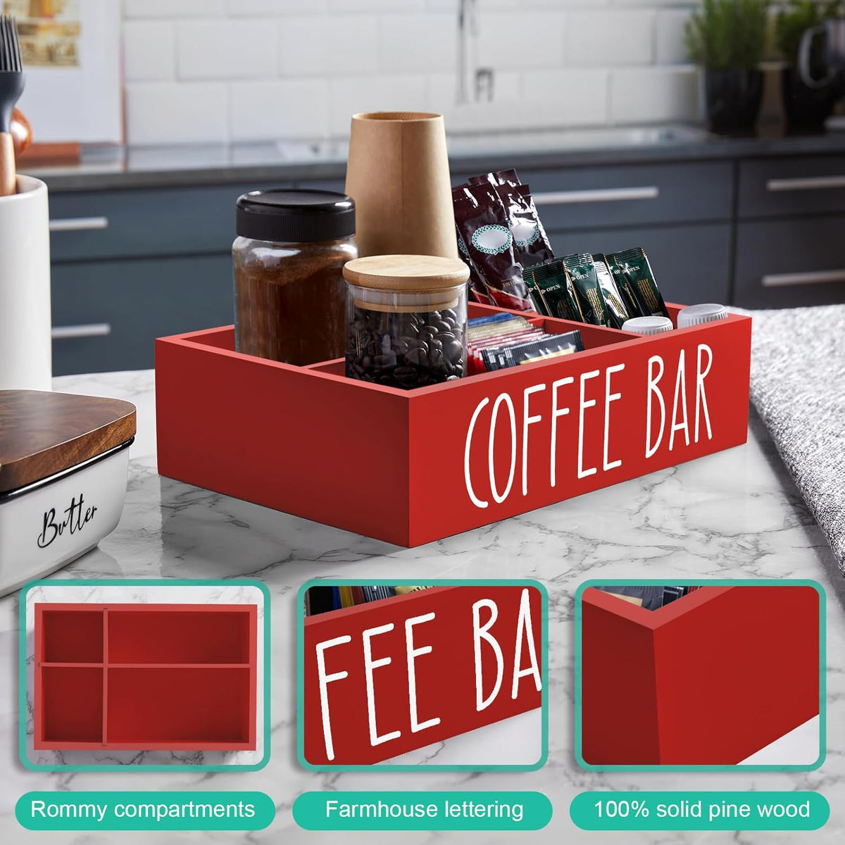 ALELION Coffee Station Organizer - Wood Countertop Accessories Organizer with Removable Dividers for Pods Condiment Syrup Tea Cups Stirrers - for Farmhouse Coffee Bar Decor