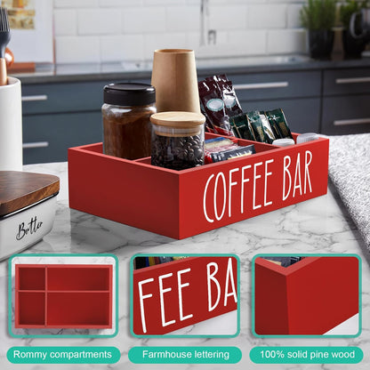 ALELION Coffee Station Organizer - Wood Countertop Accessories Organizer with Removable Dividers for Pods Condiment Syrup Tea Cups Stirrers - for Farmhouse Coffee Bar Decor