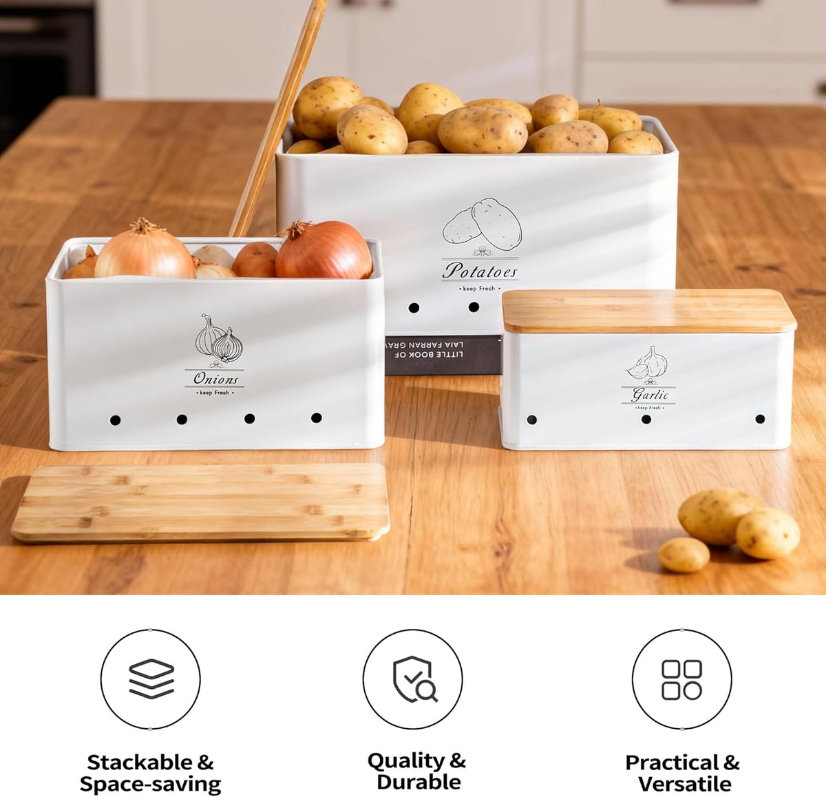Potato Onion and Garlic Storage Bin Set of 3, Black Metal Kitchen Vegetable Canisters with Bamboo Lid and Aerating Holes, Stackable Kitchen Storage Tin for Countertop Pantry