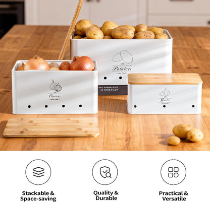 Potato Onion and Garlic Storage Bin Set of 3, Black Metal Kitchen Vegetable Canisters with Bamboo Lid and Aerating Holes, Stackable Kitchen Storage Tin for Countertop Pantry