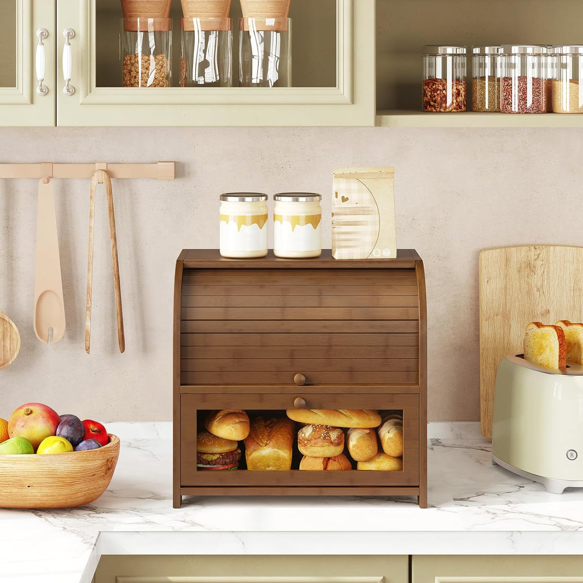 HOOBRO Bread Box, Bamboo Bread Box for Kitchen Countertop, 2 Tier Roll-Top Bread Bin, Food Storage Box, Large Capacity Keeper, Wooden Storage Cabinet, for Kitchen, Dining Room, Natural YL13MB01