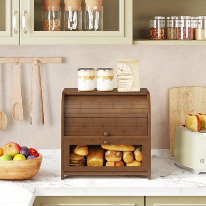 HOOBRO Bread Box, Bamboo Bread Box for Kitchen Countertop, 2 Tier Roll-Top Bread Bin, Food Storage Box, Large Capacity Keeper, Wooden Storage Cabinet, for Kitchen, Dining Room, Natural YL13MB01