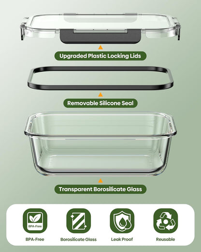 KEMETHY 40 PCS Glass Food Storage Containers with Lids(20 Container & 20 Lid), Borosilicate Glass Meal Prep Containers for Kitchen Storage and Organization, BPA-Free, Leak Proof, Reusable