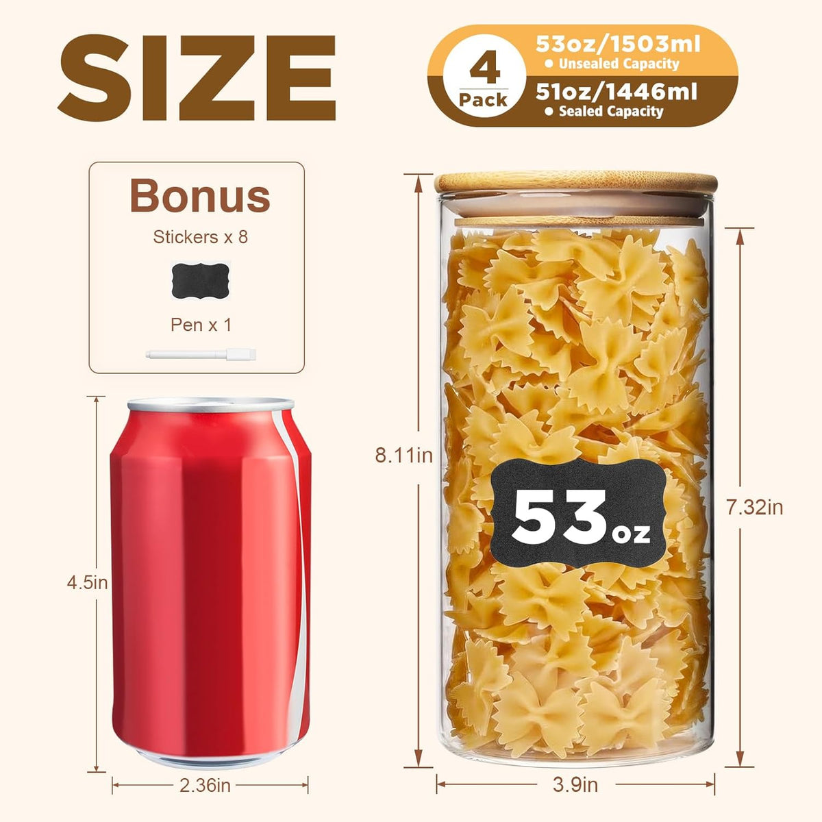 SHOWIN Glass Food Storage Jars Square 37oz, 4 Pack Glass Jars With Bamboo Lids, Kitchen Storage Containers For Spice, Candy, Cookie, Storage For Pantry Organizers