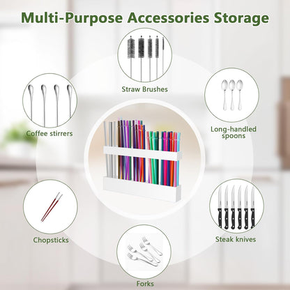 Malldii 9.5" Large Acrylic Straw Holder for Cabinet Door - Reusable Tumbler Straw Organizer Storage, Small Kitchen Accessories Container, Ultra Sticky Cupboard Door Mounted (Transparent)