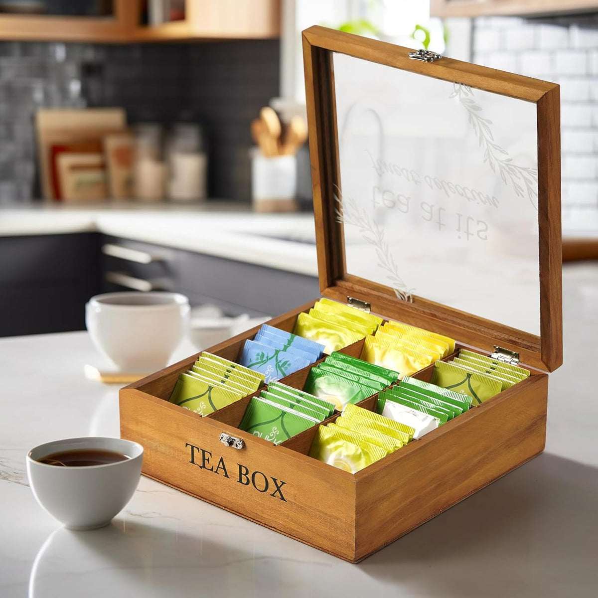 Tea Box Organizer,Wood Tea Bag Holder Organizer,Modern Teas Bag Storage with 9 Compartments and Glass Cover for Home Office Gift