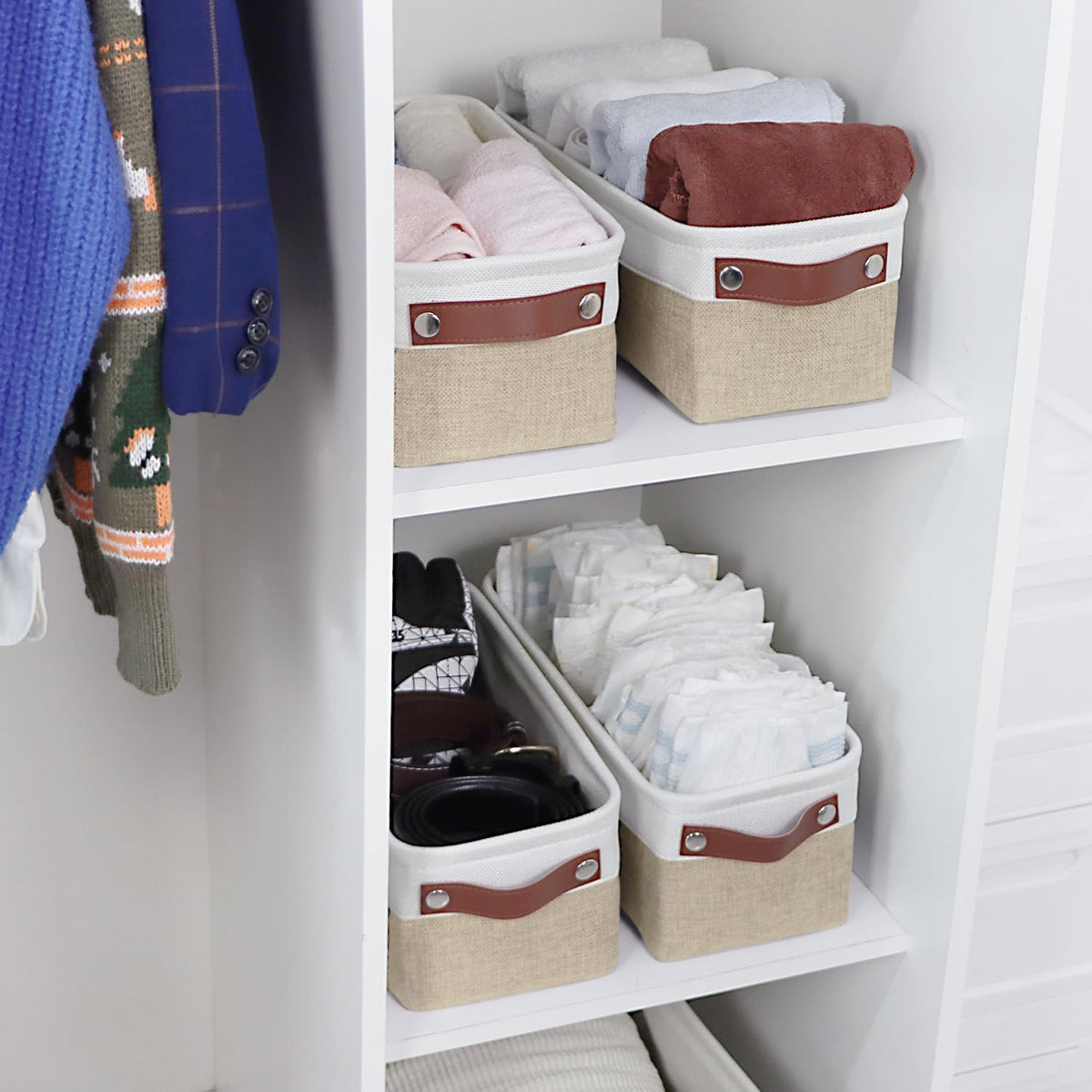 Univivi 4PC Small Fabric Storage Bins,15x6x5 inch Long Narrow Storage Baskets with PU Handles for Closet,Cabinet,Countertop Organizing Small Items (Gray,15x6x5 inch)