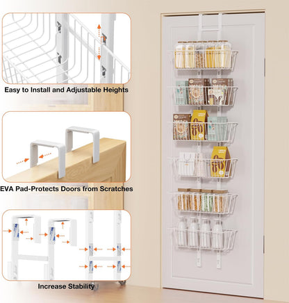 10 Tier Over the Door Pantry Organizer, Over the Door Spice Rack with Adjustable Baskets, Metal Hanging Door Pantry Organizers and Storage for Kitchen Bathroom Bedroom, White