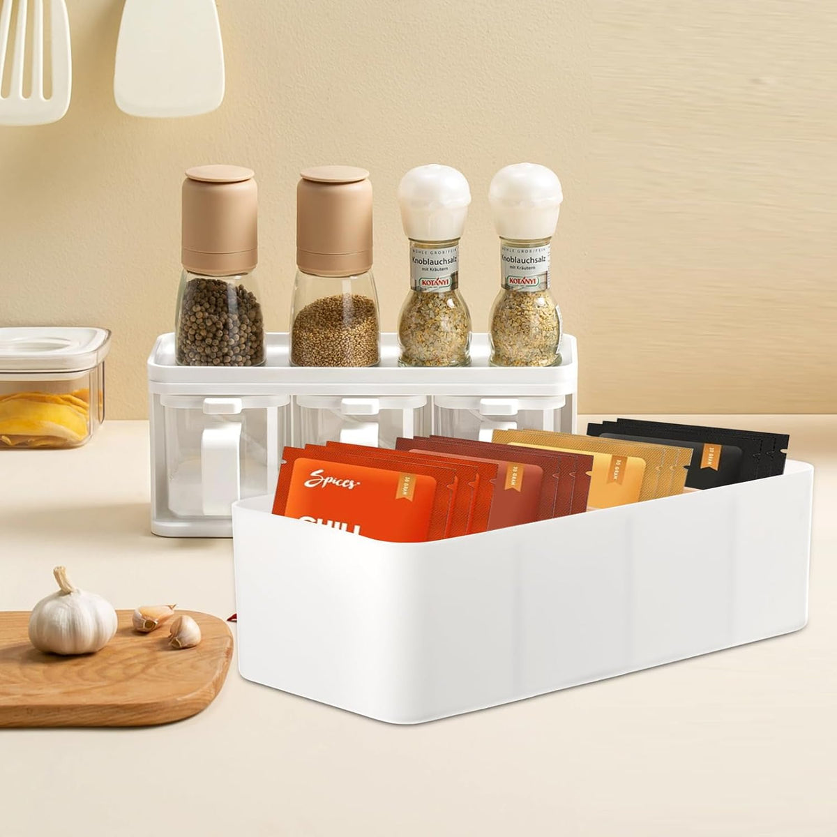 2 Pcs Seasoning Packet Organizer, Plastic Food Storage Organizer Box with 3 Detachable Bamboo Wood Dividers Snacks Spice Packets Holder Bin for Kitchen Pantry Cabinet Drawer, White
