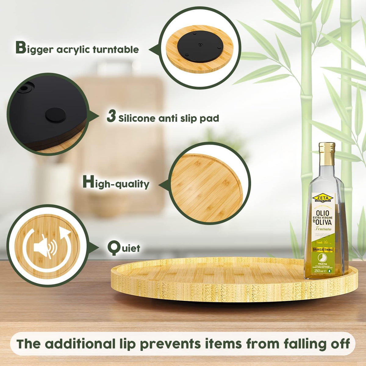 Lazy Susan Organizer, 10 Inch Non-Skid Bamboo Turntable Organizer for Salt Pepper Olive Oil and Spices Next to Stove, Wooden Lazy Susan for Table or Kitchen Countertop Organizer