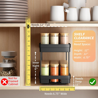 Pull Out Spice Rack Organizer for Cabinet, Slide Out Spice Racks Organizer, Spice Cabinet Organizers, Cabinet Size Need:12'' Highx11'' Deepx5'' Wide,Hold 10 Spice Jar Each Tier-2Tier, Black