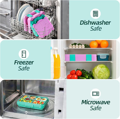 Bento Lunch Box for Kids, 6 Compartments BPA Free, Dishwasher Safe Back to School Snack Bento Lunch Containers Boxes, Ideal Portion Sizes for On-the-Go Meal, Ages 3+, School, Green Patterned