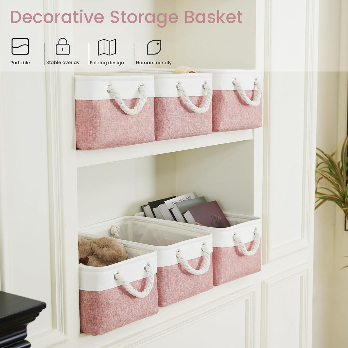 Large Storage Baskets- 15.7x11.8x8.26 inch Storage Bins for Shelves and Closet Organizing, Foldable Fabric Bin for Home Organization Clothes and Laundry (3-Pack, White&Khaki)