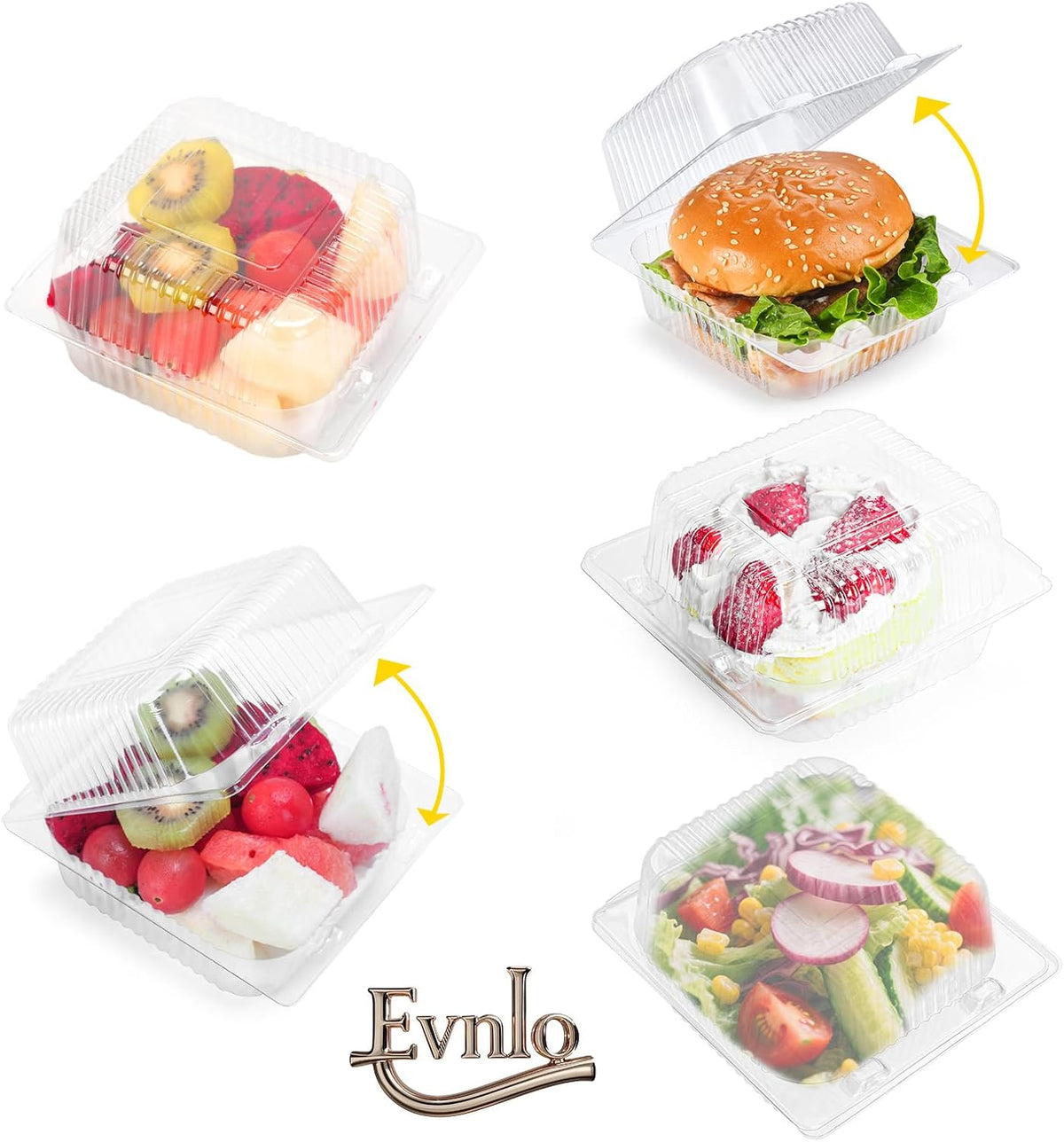 Evnlo 100 Count Clear Plastic Containers with Lids for Food, Thickened Disposable Sandwich Containers Clamshell Boxes for Cake Slice, Dessert, Hamburger, Salad, Pastry, Fruits, Takeout Tray