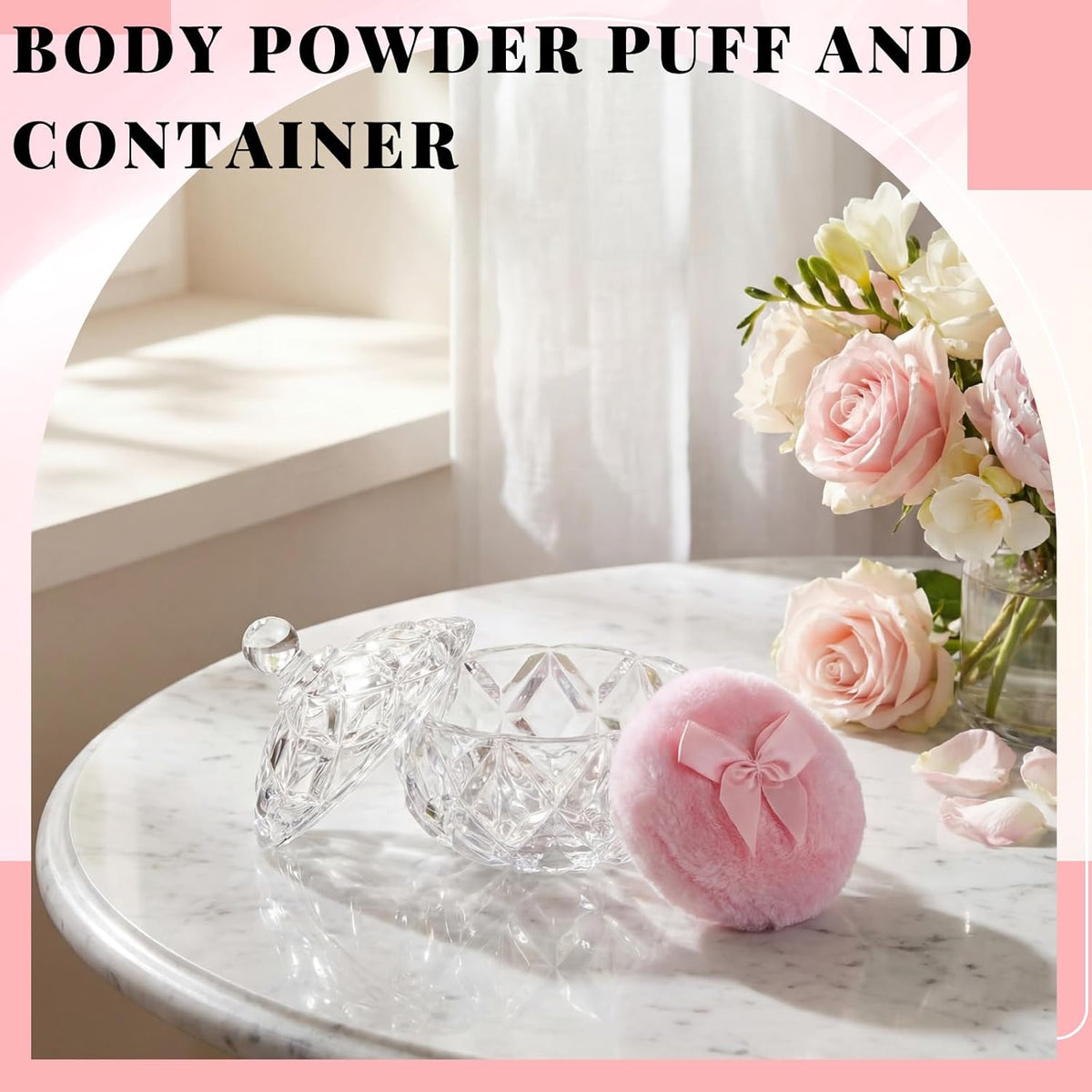 Tioncy 3 Pcs Large Body Powder Puff and Container Valentine's Day gift Powder Container with Puff Crystal Case Soft Washable Reusable Velour Face Body Glitter Wet Dry Makeup (Classic,Clear)