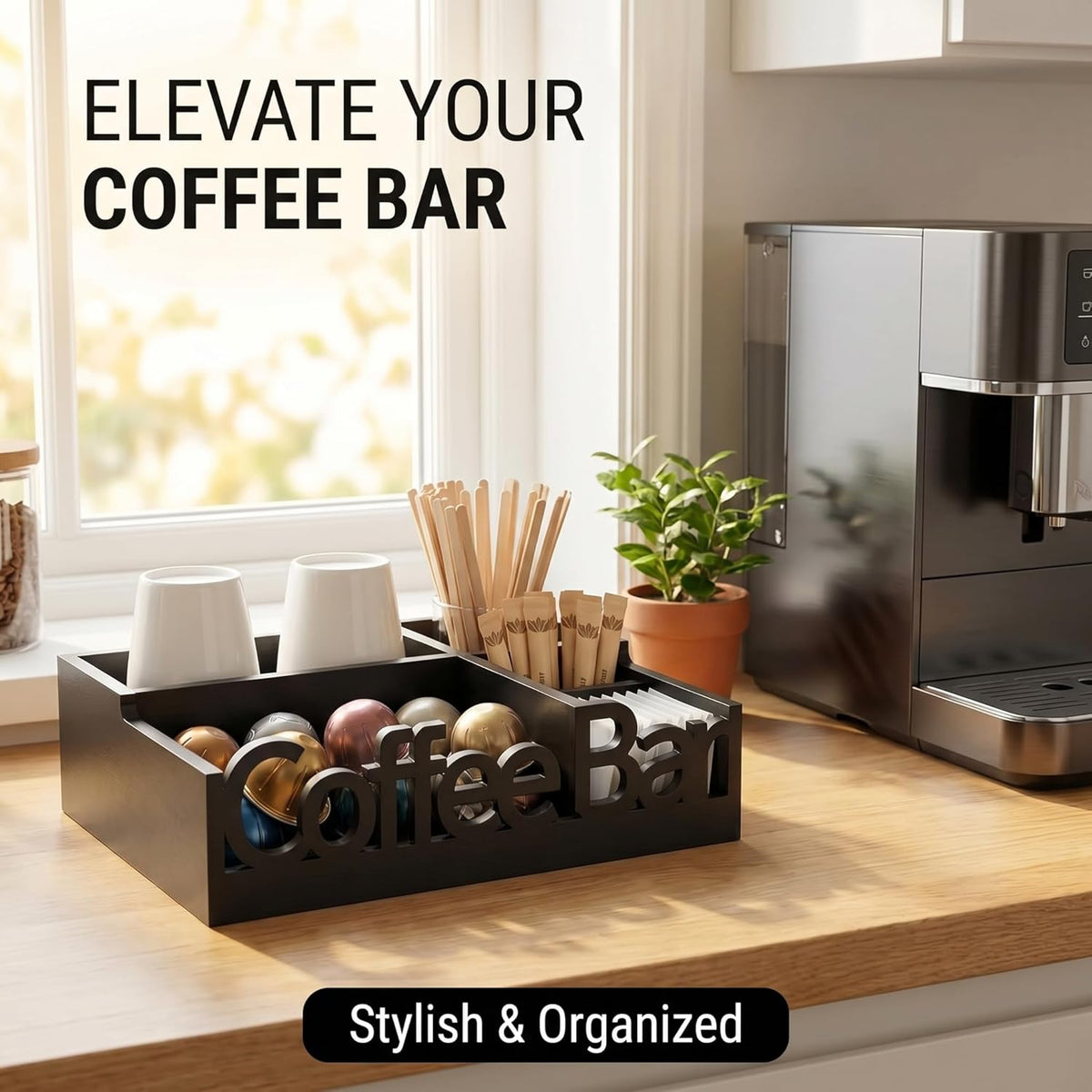 Coffee Bar Organizer for Countertop – Wooden Coffee Caddy with Compartments for Pods, Sugar Packets, and Accessories – Coffee Condiment Station Storage for Home and Office (Black)